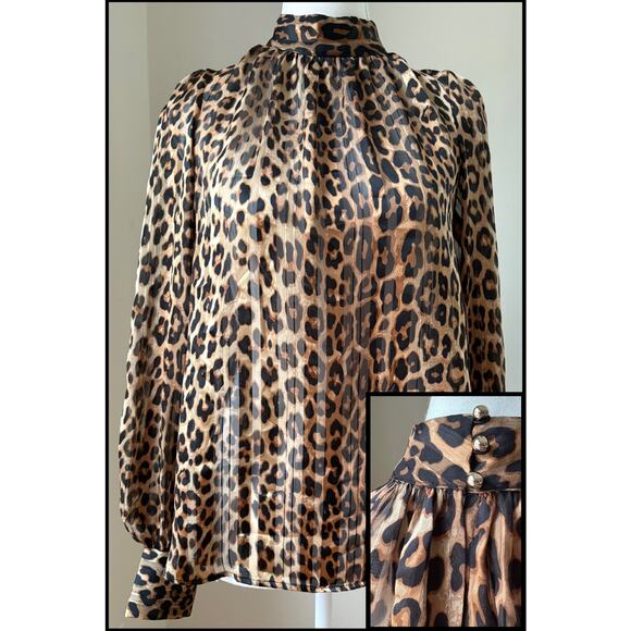 H&M Leopard Print Long Sleeve Blouse Top Gold Buttons XS Mob Wife Glam Party - Picture 1 of 8